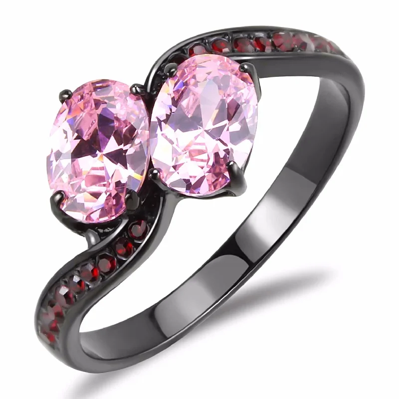 Fine-cut ring-Two 0f 7x5mm Oval Cut Pink CZs Center Black IP Stainless Steel Cocktail Ring