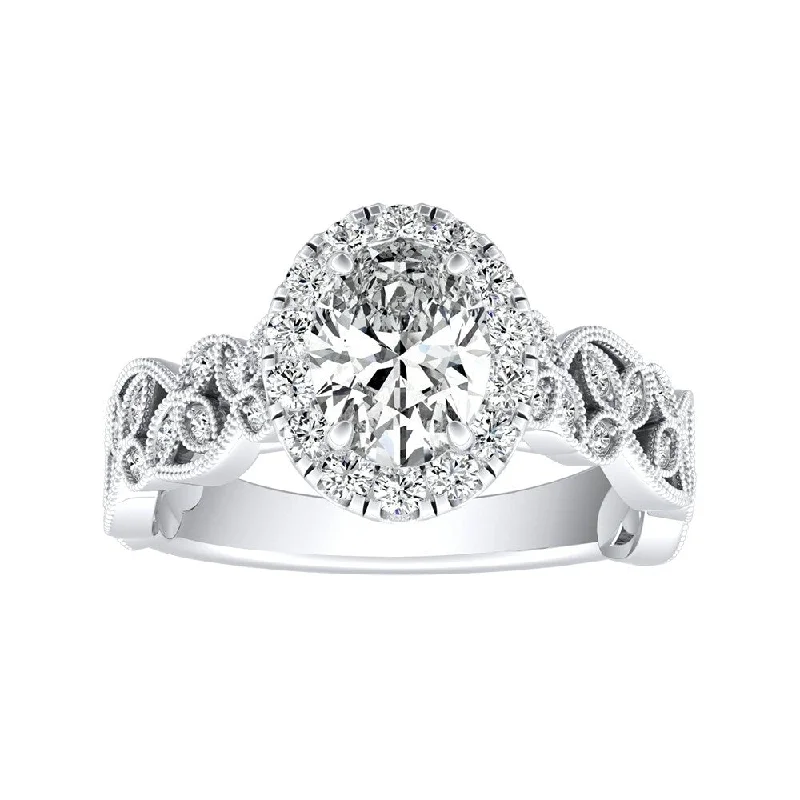 Tiered band ring-Vintage Floral Vine Halo Oval Diamond Engagement Ring 1ctw Platinum by Auriya