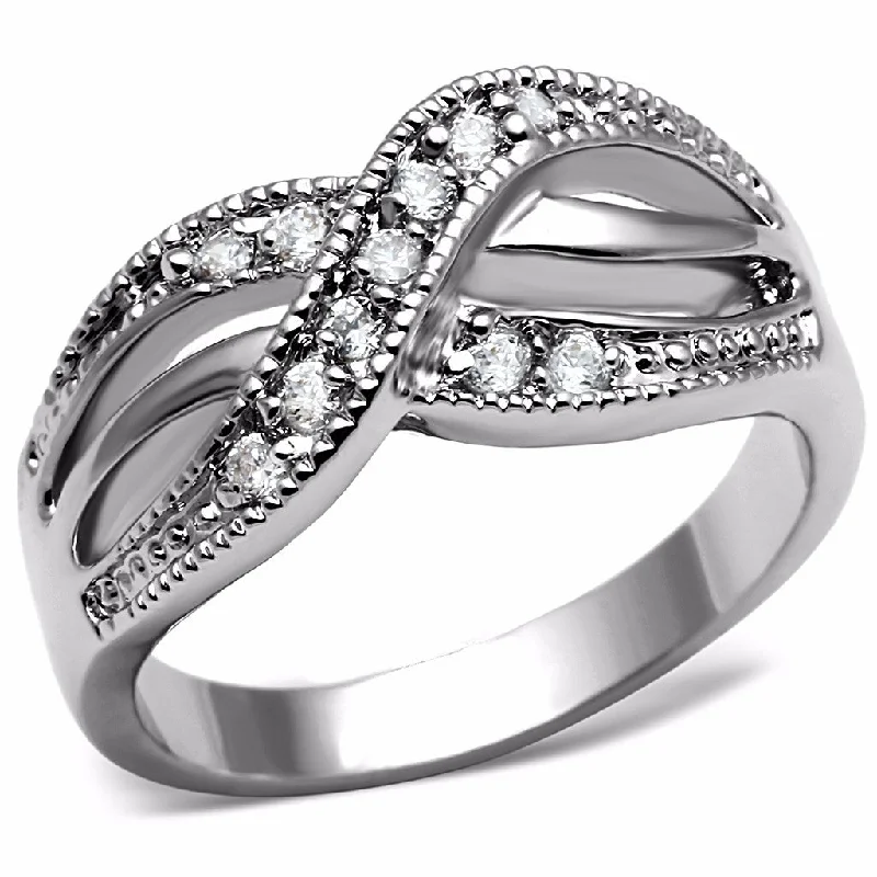 Clasped stone ring-Vintage Triple Row Clear CZ set in X style Stainless Steel Band