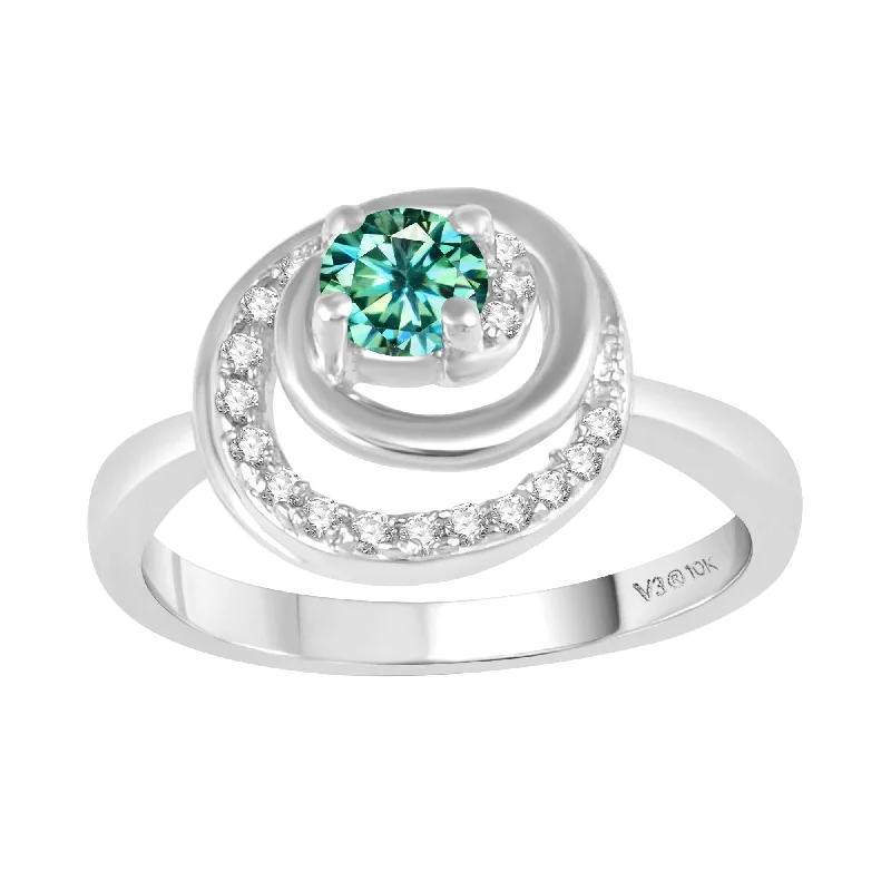 Smelted silver ring-White Gold with Green Moissanite and White Diamond Solitaire Ring