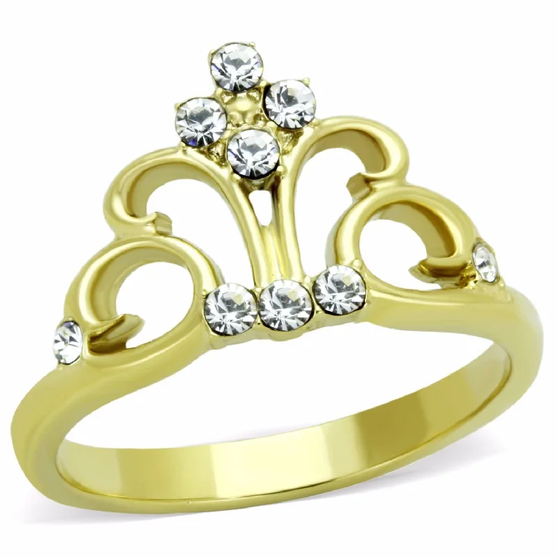 Parted-shank ring-Women's Clear Round Cut CZ Crown Shape Gold IP Stainless Steel Ring