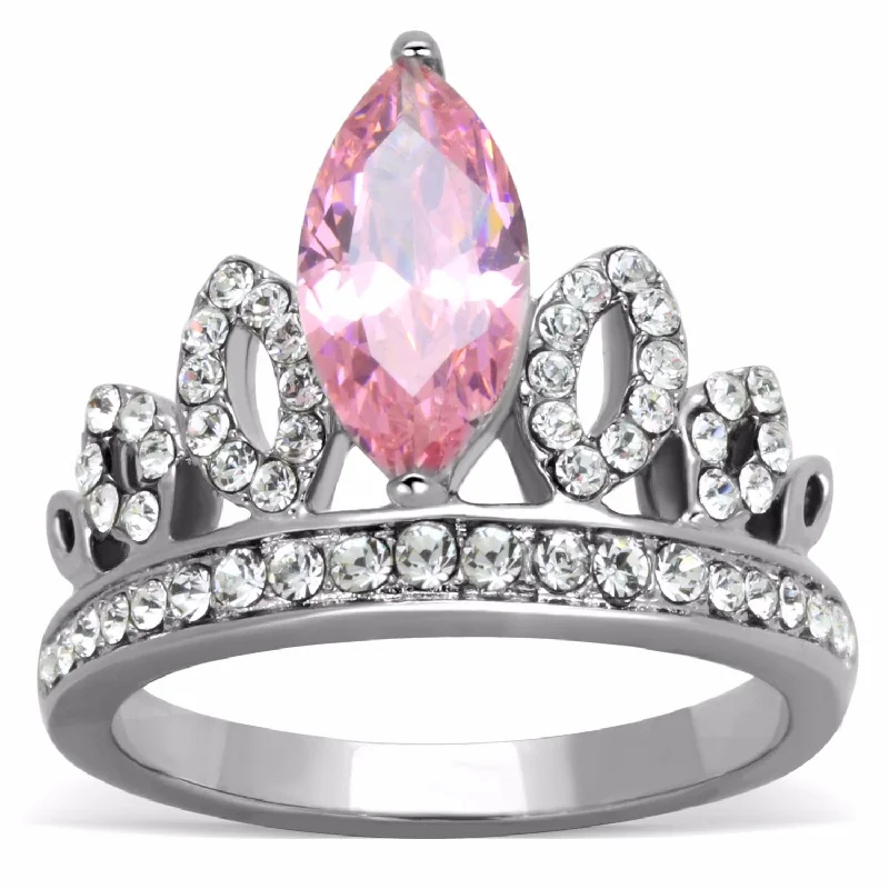 Bright stone ring-Women's 12x6mm Pink Marquise Cut CZ Center Crown Shape Stainless Steel Ring