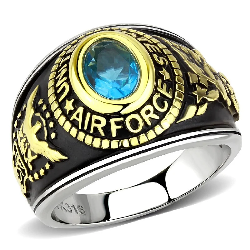 Dimpled ring-Women's 316 Stainless Steel Two Tone Gold Air Force Military Blue Topaz CZ Ring