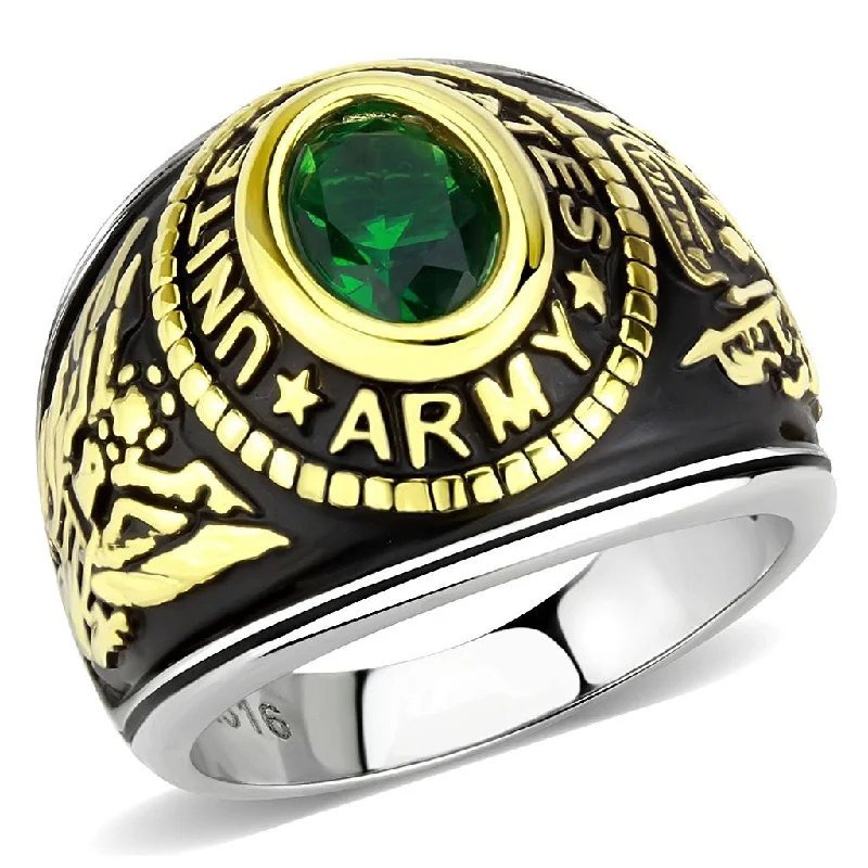 Heavy pave ring-Women's 316 Stainless Steel Two Tone Gold Army Military Green CZ Ring