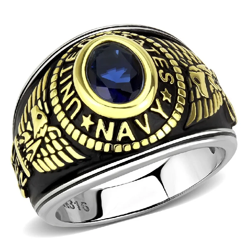 Peaked band ring-Women's 316 Stainless Steel Two Tone Gold Navy Military Deep Blue Sapphire CZ Ring