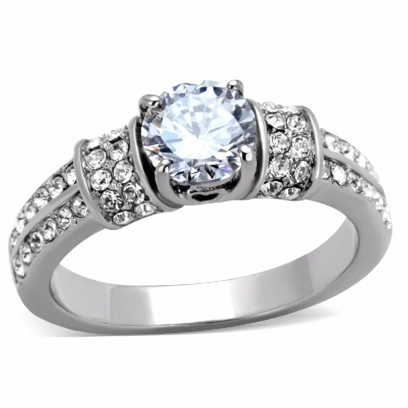 Elevated gem ring-Women's 6x6mm Clear Round Cut CZ Center 316 Stainless Steel Bridal Ring