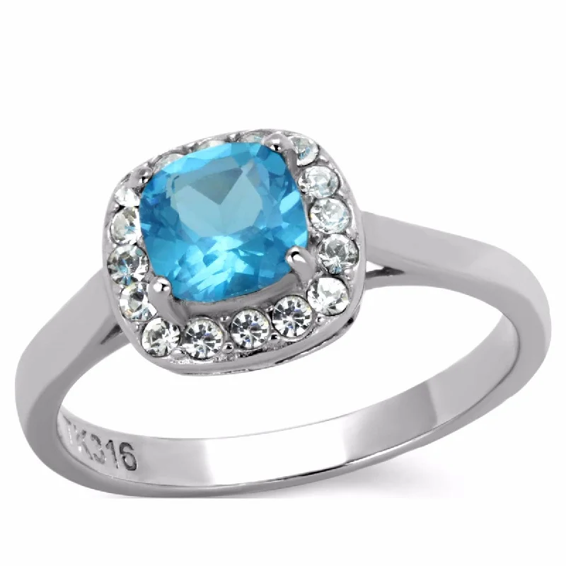 Clean-cut ring-Women's 6x6mm Cushion Cut Sea Blue CZ Center Stainless Steel Cocktail Ring