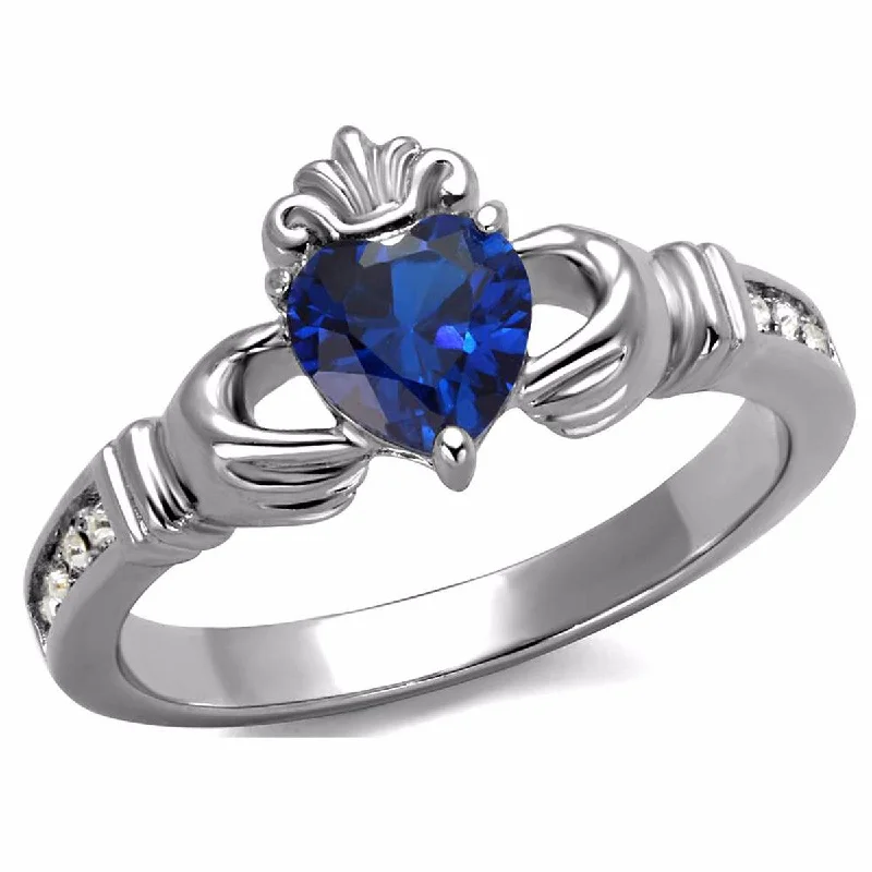 Heptagonal gem ring-Women's 6x6mm Heart Cut London Blue CZ Stainless Steel Claddagh Ring