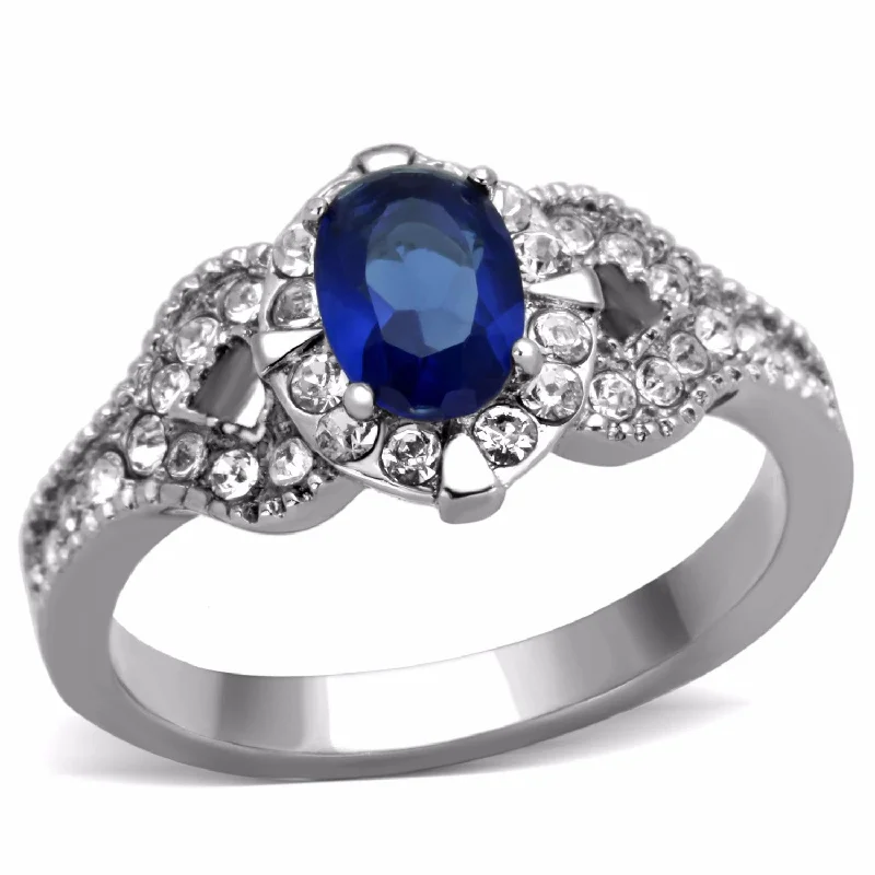 Polished zinc ring-Women's 7x5mm Montana Blue Oval Cut CZ Center Stainless Steel Cocktail Ring