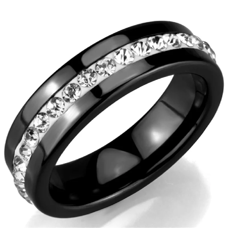 Shiny platinum ring-Women's Black Ion Plated Stainless Steel CZ All Around Wedding Band