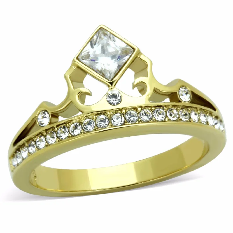 Glimmering silver ring-Women's Clear Princess CZ Crown Shape Gold IP Stainless Steel Ring