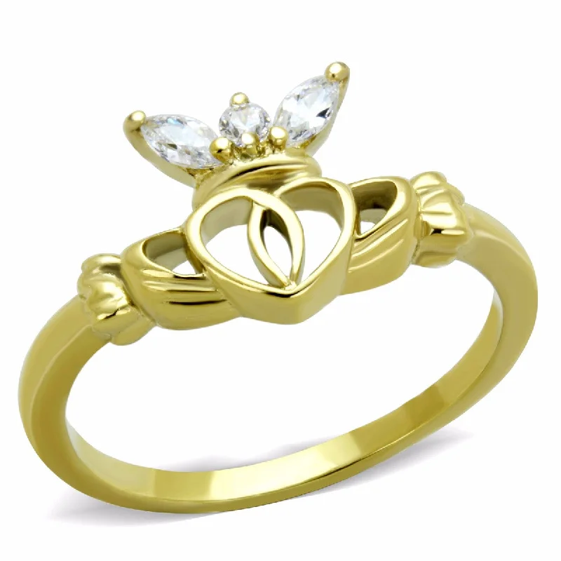 Classic emerald ring-Women's Small Round and Marquise CZ Gold IP Stainless Steel Claddagh Ring