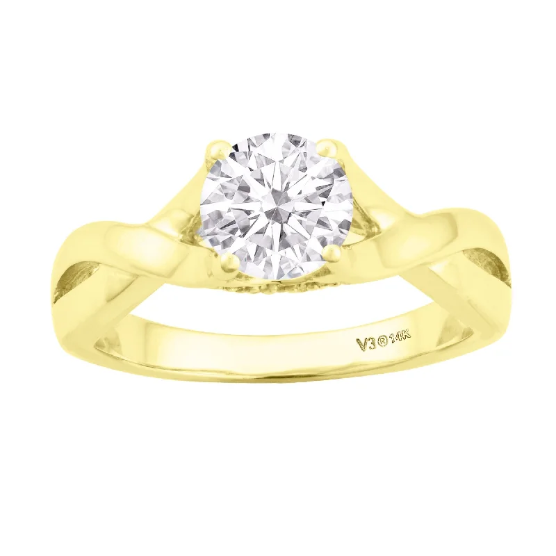 Leaf-bud ring-Yellow Gold with Moissanite and White Diamond Solitaire Ring