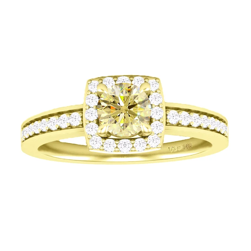 Ethnic scored ring-Yellow Gold with Yellow Moissanite and White Diamond Halo Ring