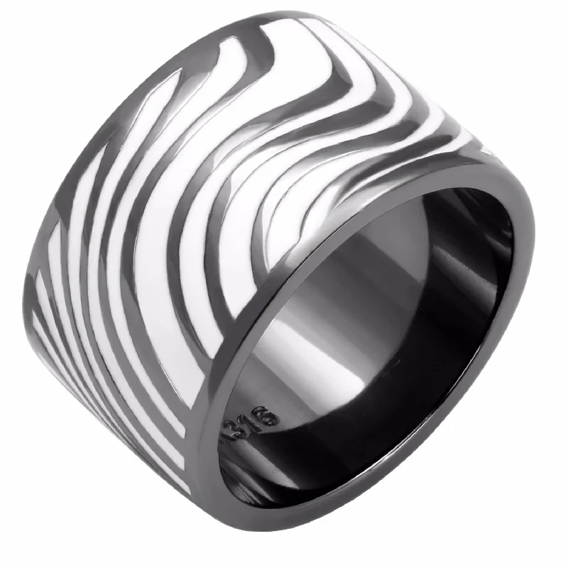 Parted-shank ring-Zebra Stripe Light Black IP Stainless Steel 13mm Wide Band