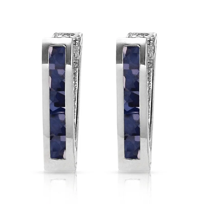 Hand-etched earrings-1.3 Carat 14K Solid White Gold Oval Huggie Earrings Sapphire