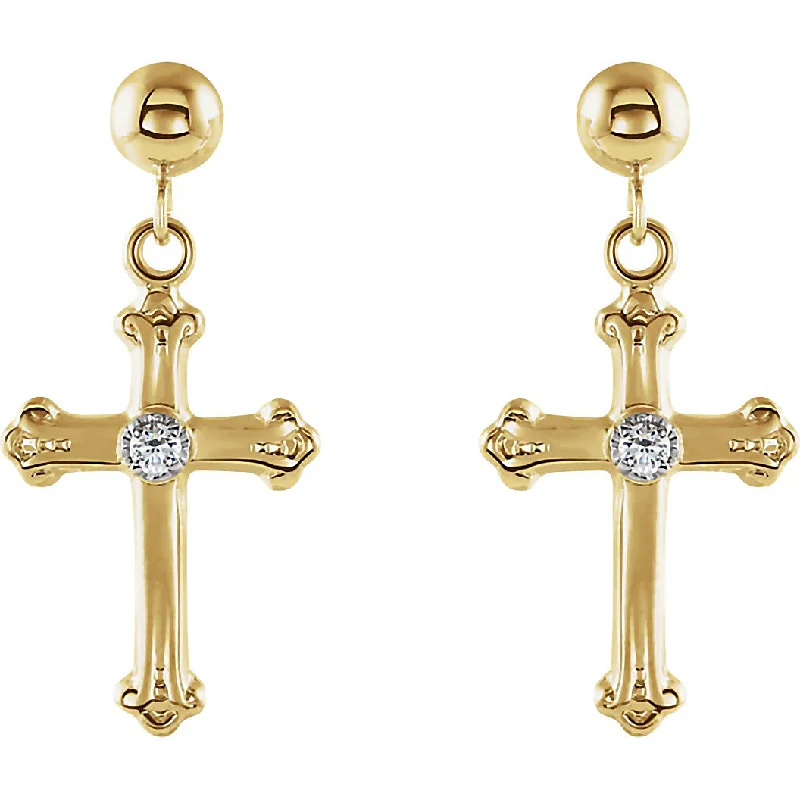 Lush moonstone earrings-14K Yellow Gold Genuine White Diamond Ball Post Drop Style Cross Earrings