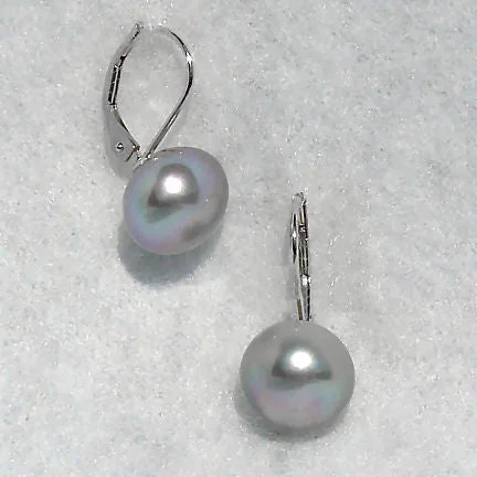 Leaf-bud earrings-10mm Cultured Gray Pearl Cup Leverback Earrings 14K White Gold