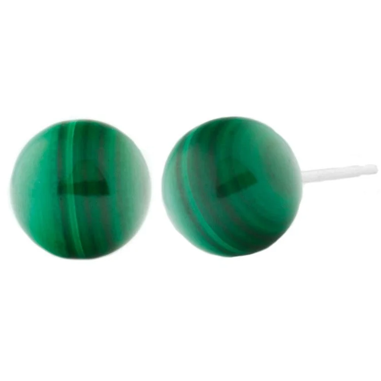 Smooth edge earrings-10mm Green Malachite Ball Stud Earrings 14K White Gold