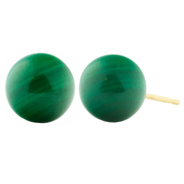 Retro citrine earrings-10mm Green Malachite Ball Stud Earrings 14K Yellow Gold