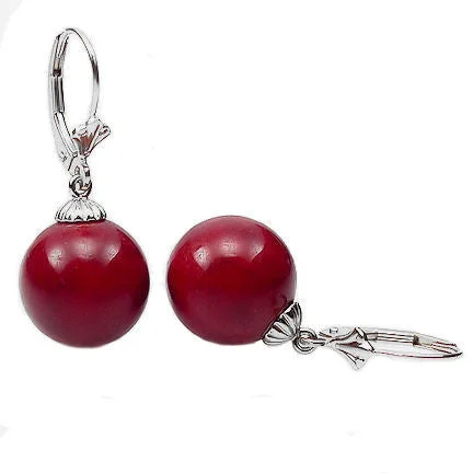 Retro turquoise earrings-10mm Italian Red Coral Ball Drop Leverback Earrings 925 Silver