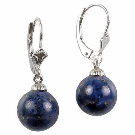 Twisted coil earrings-10mm Natural Lapis Lazuli Ball Drop Lever Back Earrings 14K White Gold