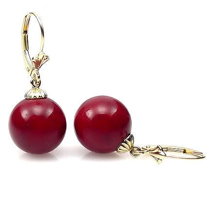 Eight-heart earrings-10mm Red Coral Ball Drop Leverback Earrings 14K Yellow Gold