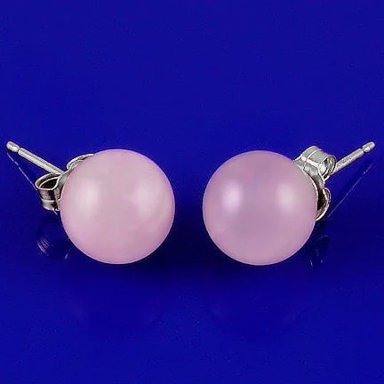 Channeled design earrings-10mm Rose Quartz Ball Stud Earrings 14K White