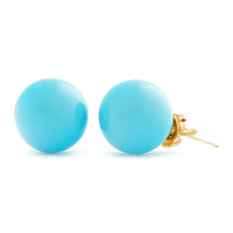 Flowing design earrings-10mm Sleeping Beauty Turquoise Ball Stud Earrings 14K Yellow Gold