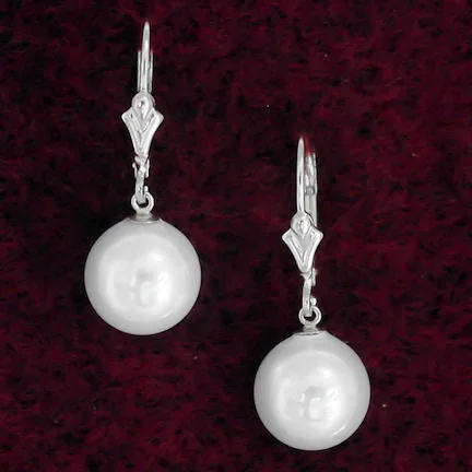 Rolling tide earrings-10mm South Sea Shell Pearl Leverback Earrings 14K White Gold