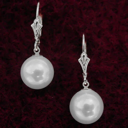 Mixed stone earrings-10mm South Sea Shell Pearl Leverback Earrings 925 Silver