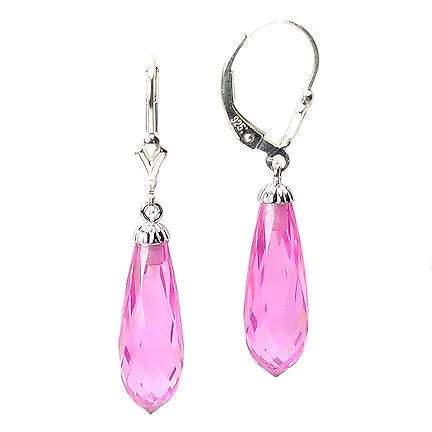 Gritty stone earrings-12.6ct, 20mm Pink Sapphire Briolette Leverback Earrings 925 Silver