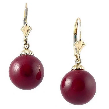 Hooked earrings-12mm Italian Red Coral Ball Drop Leverback Earrings 14K White Gold