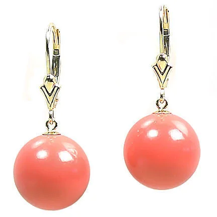 Low-set stone earrings-12mm Salmon Coral Ball Drop Leverback Earrings 14K Gold