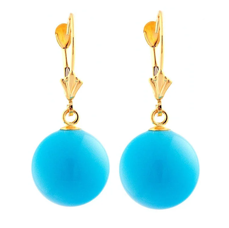 Satin gold earrings-12mm Sleeping Beauty Turquoise Ball Drop Leverback Earrings 14K Gold