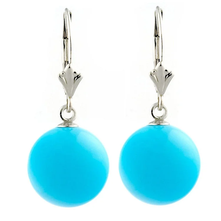 Hovering gem earrings-12mm Sleeping Beauty Turquoise Ball Leverback Earrings 925 Silver