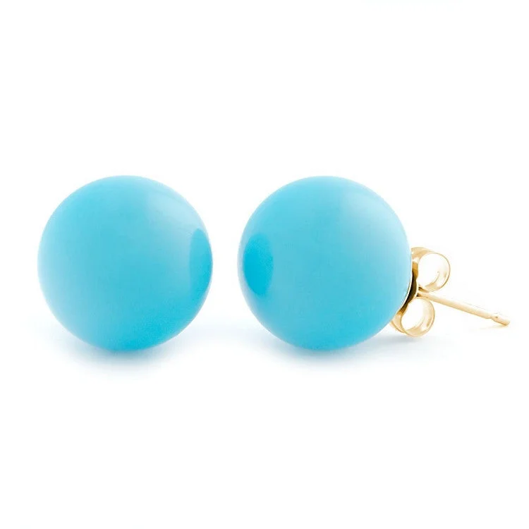 Drifting diamond earrings-12mm Sleeping Beauty Turquoise Ball Stud Earrings 14K Yellow Gold