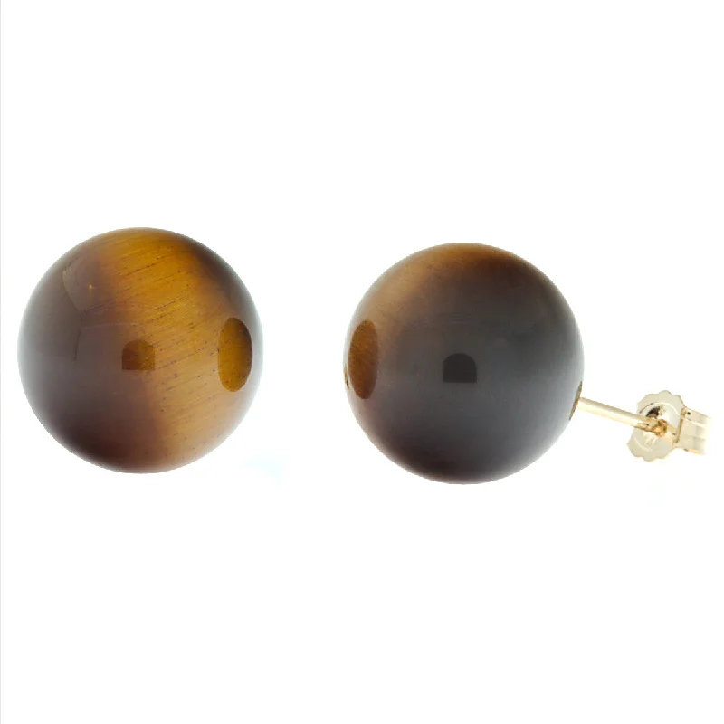 Crafted gold earrings-12mm Tigers Eye Ball Stud Earrings 14K Gold