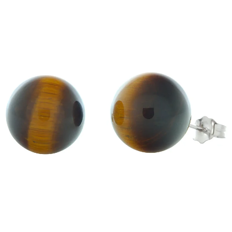 Ethnic scored earrings-12mm Tigers Eye Ball Stud Earrings 14K White