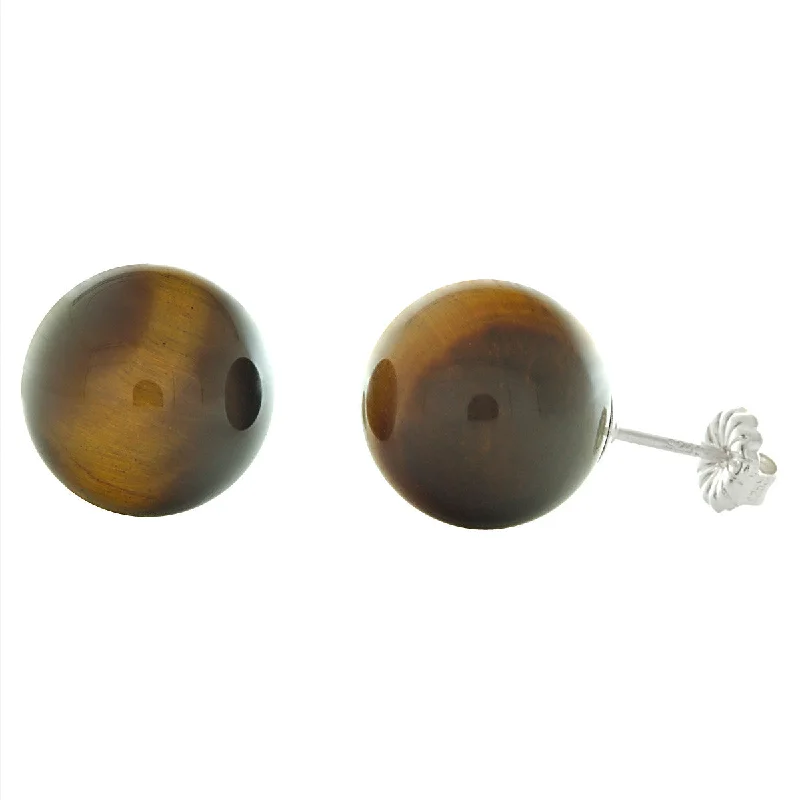 Retro topaz earrings-12mm Tigers Eye Ball Stud Earrings Sterling Silver