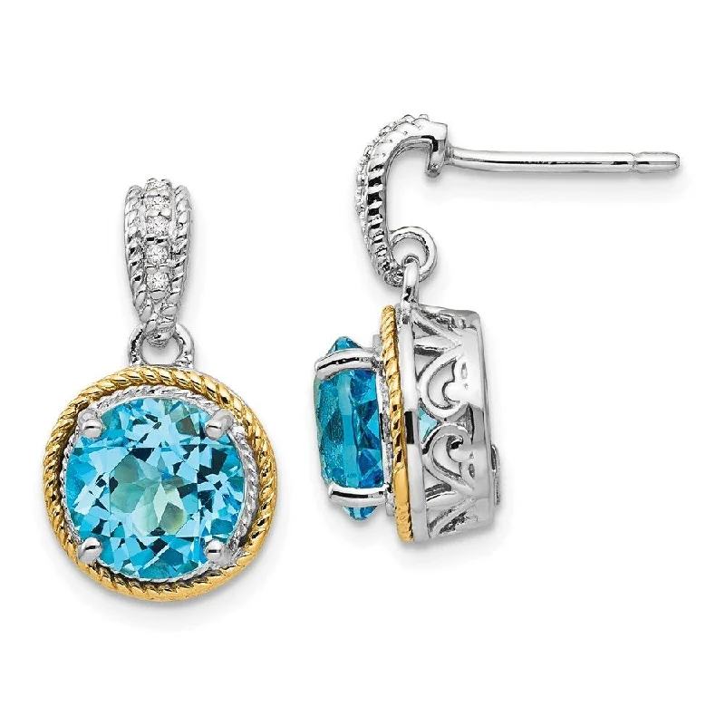 Mottled gem earrings-14k Gold and Sterling Silver Blue Gemstone Diamond Dangle Earrings (L-20 mm, W-11 mm)