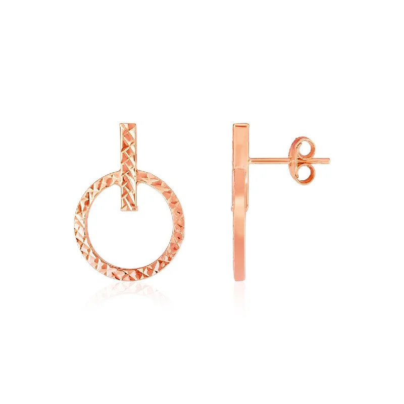 Stamped initial earrings-14k Rose Gold Textured Circle and Bar Post Earrings