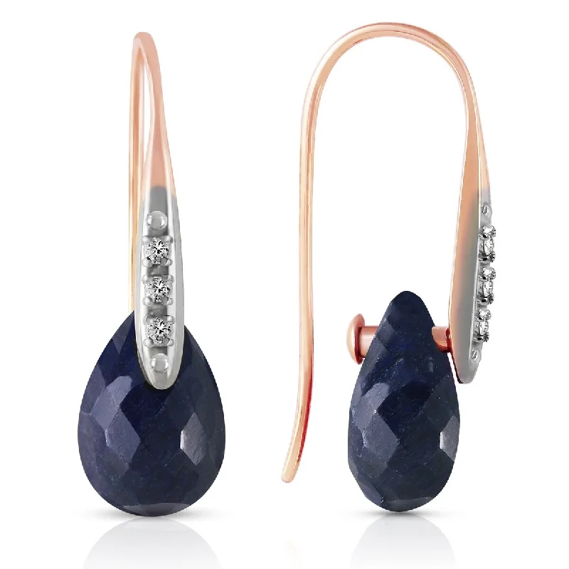 Matte titanium earrings-14K Solid Gold Hook Earrings w/ Diamonds & Dangling Dyed Sapphires