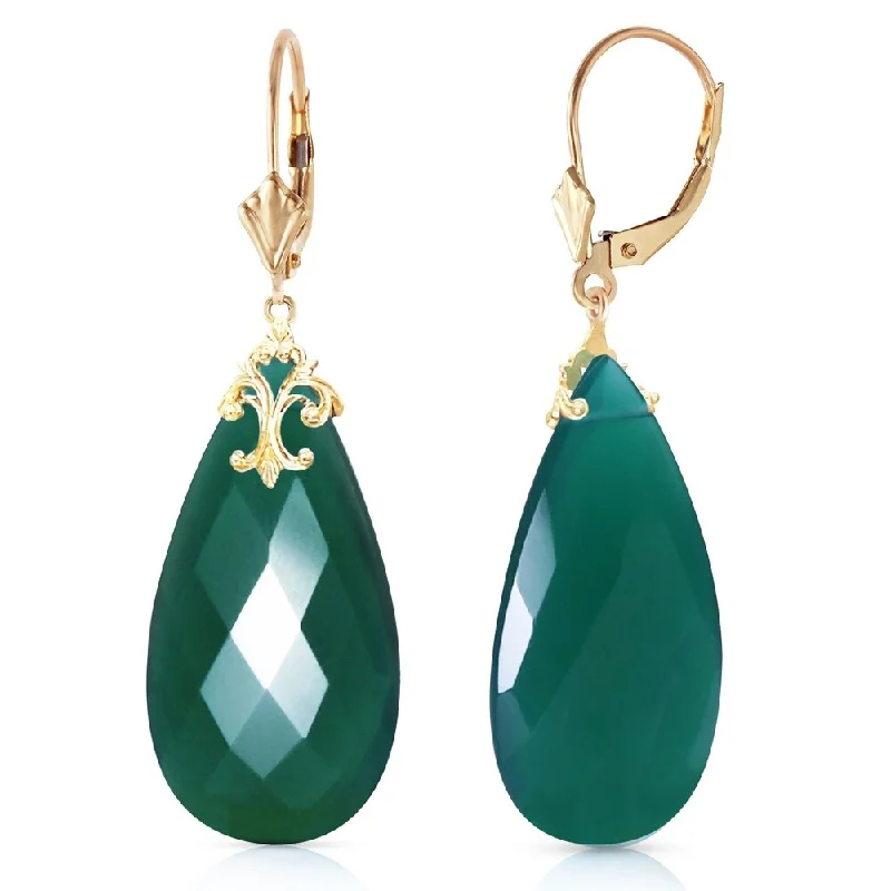 Pentagonal stud earrings-14K Solid Gold Leverback Earrings with Briolette 31x16 mm Deep Green Chalcedony