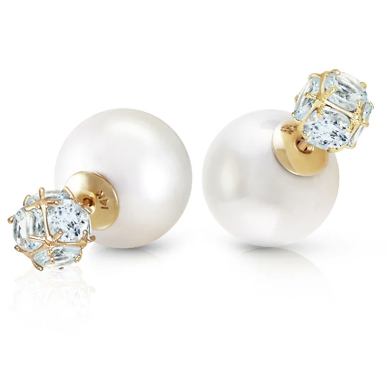 Pleated edge earrings-14K Solid Gold Tribal Double Shell Pearls And Aquamarines Earrings