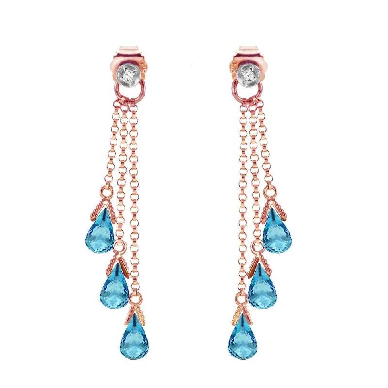 Aura earrings-14K Solid Rose Gold Chandelier Earrings with Diamonds & Blue Topaz