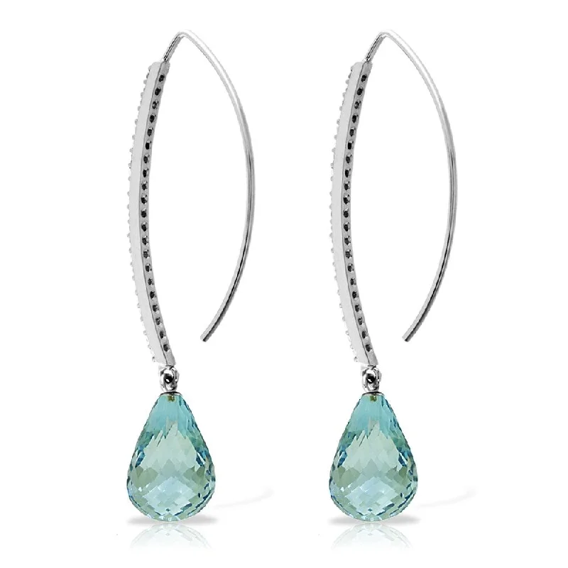 Bright stone earrings-14K Solid White Gold Diamonds Fish Hook Earrings with Dangling Briolette Blue Topaz