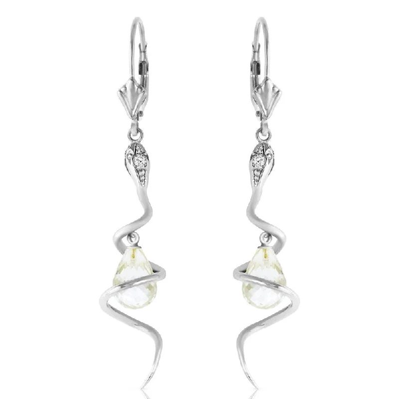 Braided cord earrings-14K Solid White Gold Snake Earrings with Dangling Briolette White Topaz & Diamonds