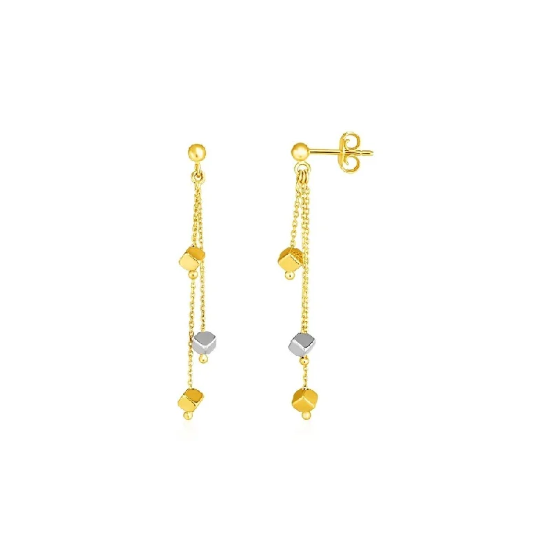 Aged rim earrings-14k Tri Color Gold Post Earrings with Polished Cube Dangles