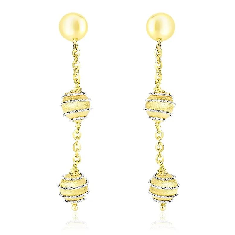 Smelted gold earrings-14k Two-Tone Gold Coil Wrapped Ball and Chain Dangling Earrings